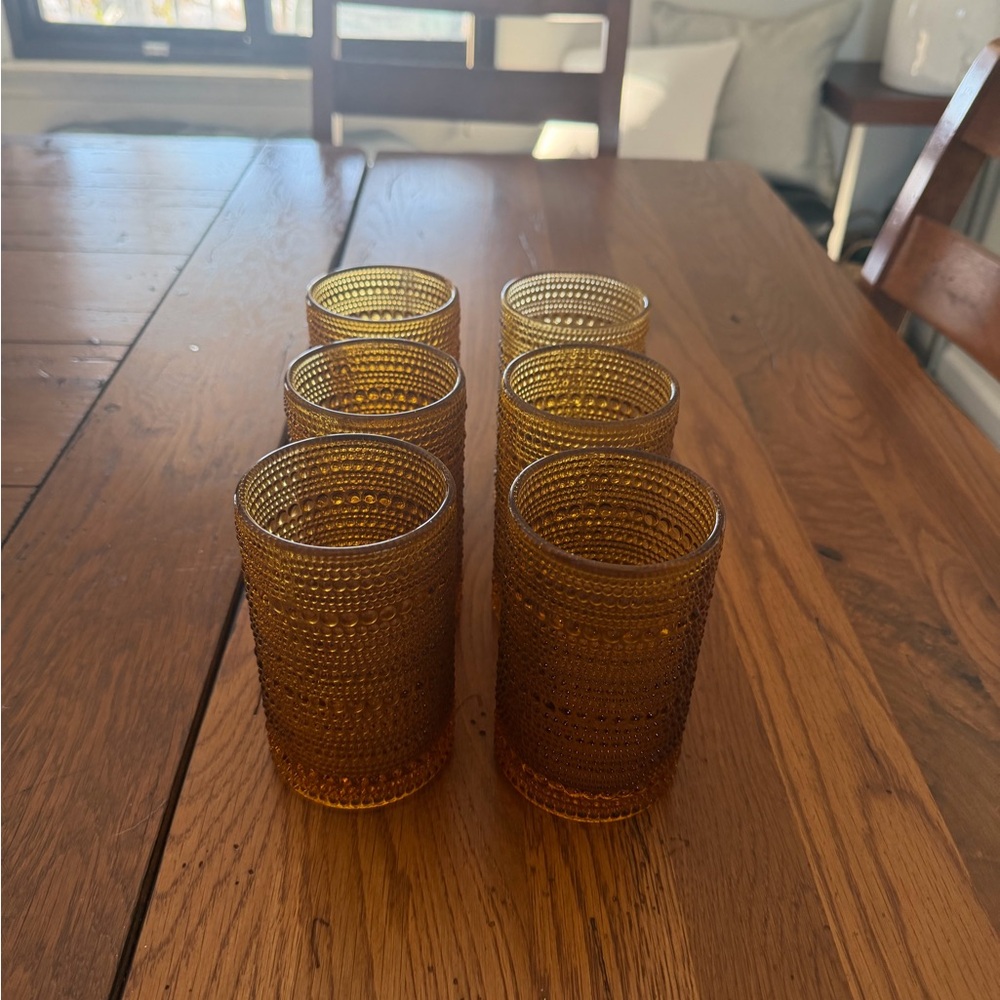Crate & Barrel Hobnail Amber Glass Set
